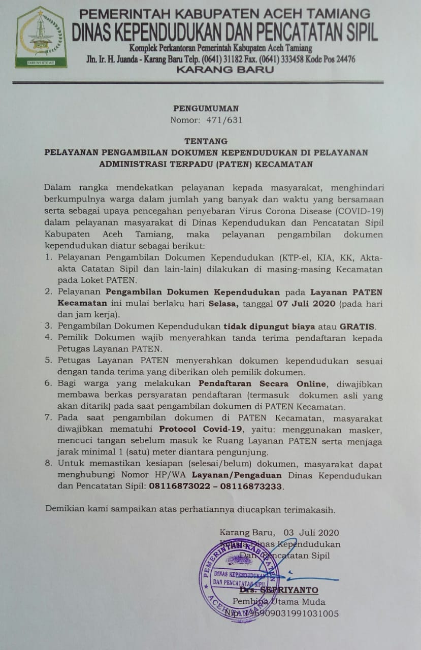 Aceh Tamiang Bikin PATEN, Ambil Dokumen Dukcapil Cukup di Kecamatan