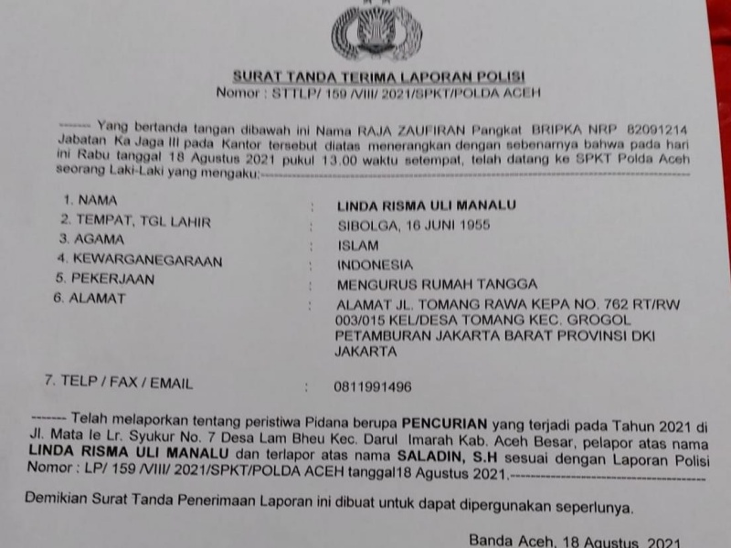 Mantan Kapolresta Banda Aceh dilaporkan istri ke Polda kasus pencurian