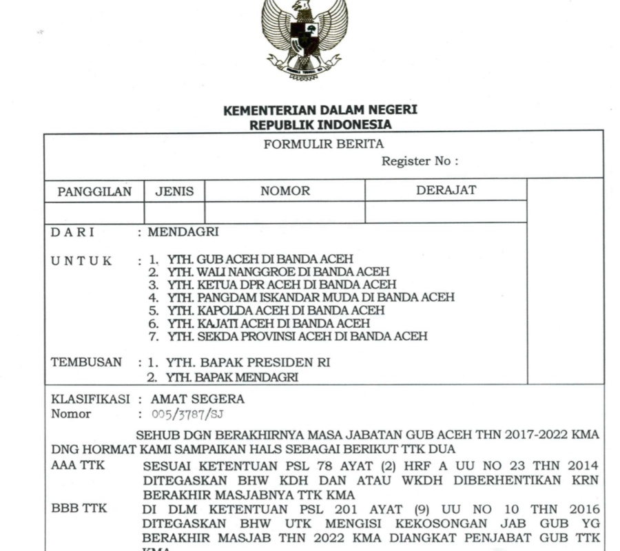 Besok, Pj Gubernur Aceh dilantik oleh Mendagri