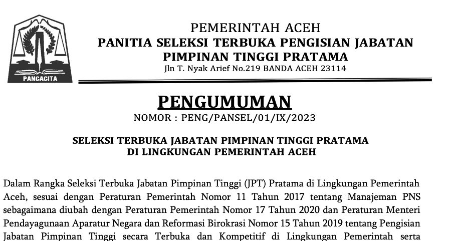 Pemerintah Aceh umumkan seleksi terbuka 10 jabatan eselon II