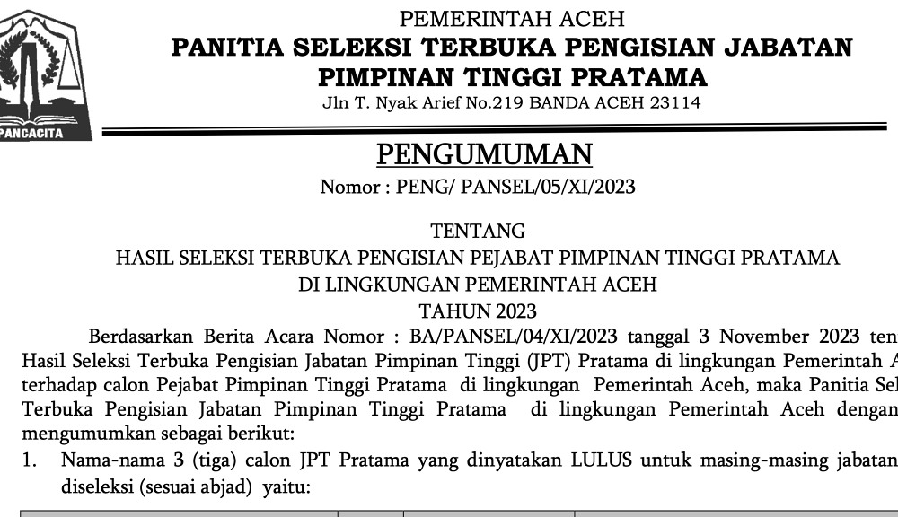 Pansel umumkan tiga besar hasil Selter JPT Pemerintah Aceh, berikut nama-nama yang lulus