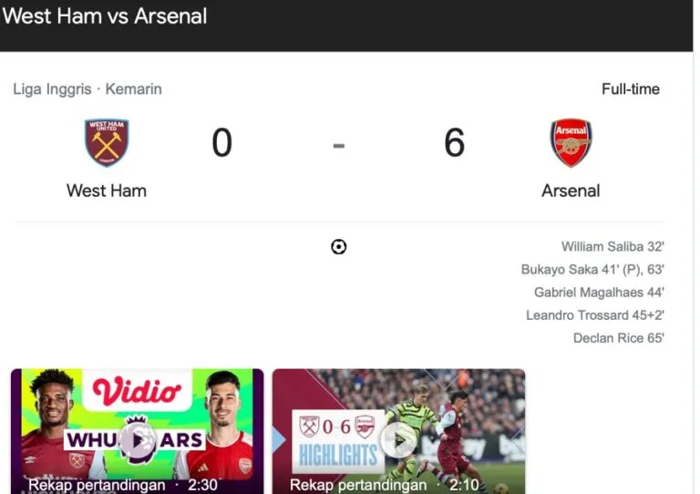 Arsenal pesta gol di kandang West Ham United, 6-0