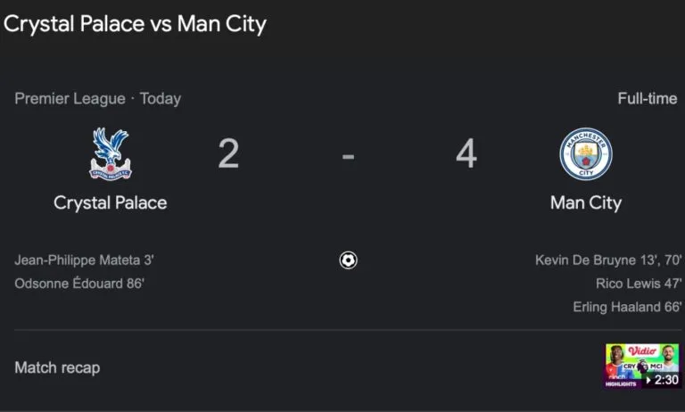 Bertandang ke markas Crystal Palace, City unggul 4-1