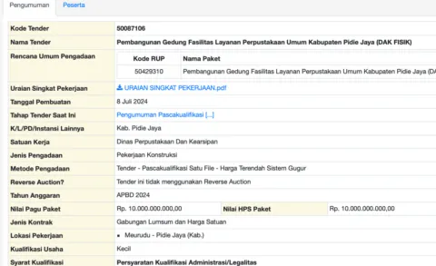 Server rusak, proses lelang proyek perpustakaan di Pidie Jaya senilai Rp10 miliar dipindahkan ke LPSE Aceh