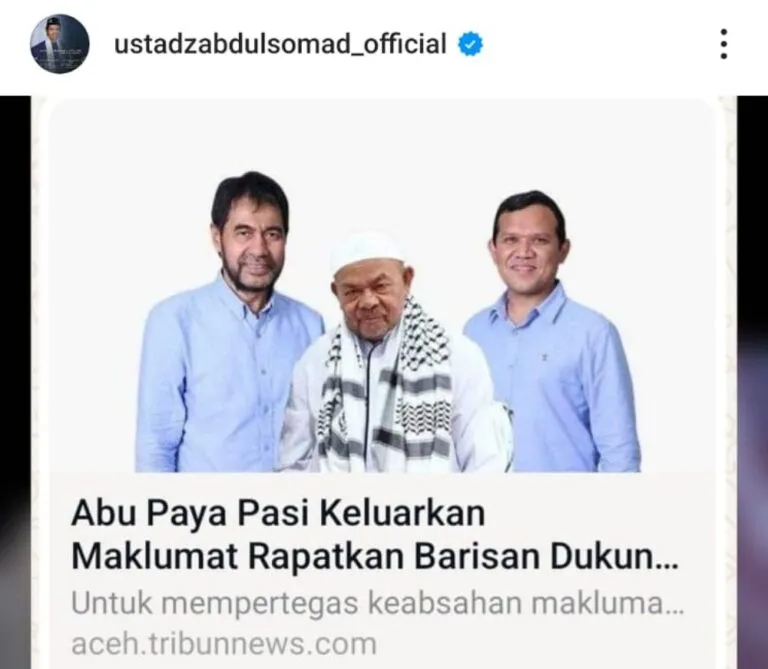 Akun official instagram ustadz Abdul Somad posting berita Abu Paya Pasi Dukung Mualem-Dek Fadh