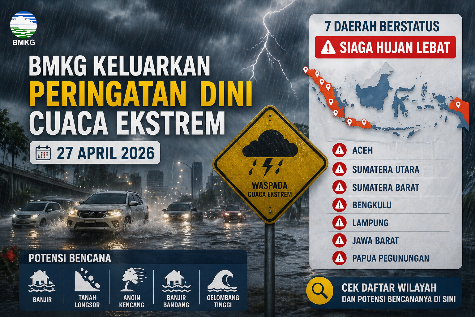 Cuaca Ekstrem 27 April 2026: BMKG Ingatkan 7 Wilayah Siaga